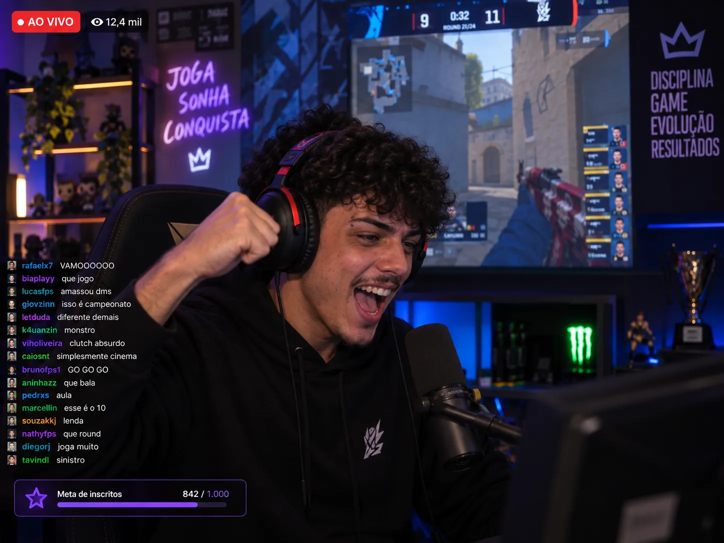 Streamer comemorando durante a live